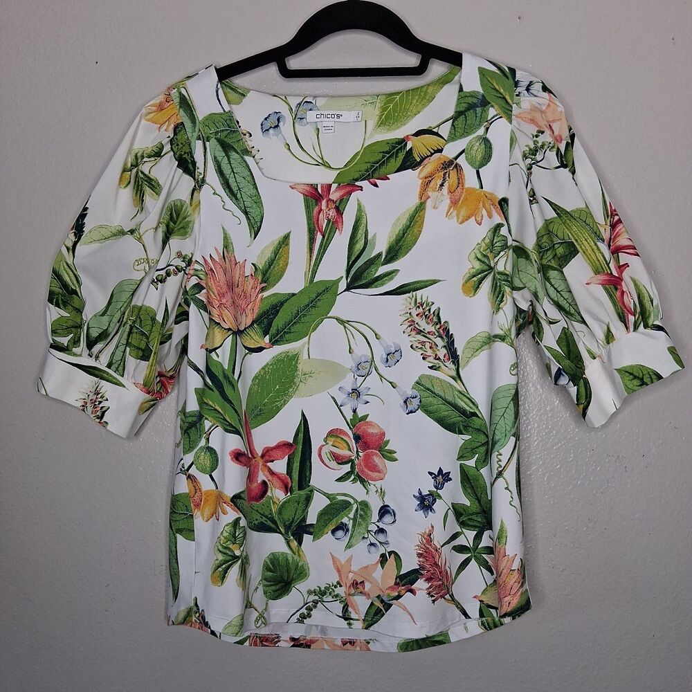 Chico's Size 2 Tropical Floral Fruit Mixed Print Square Neck Blouse US L